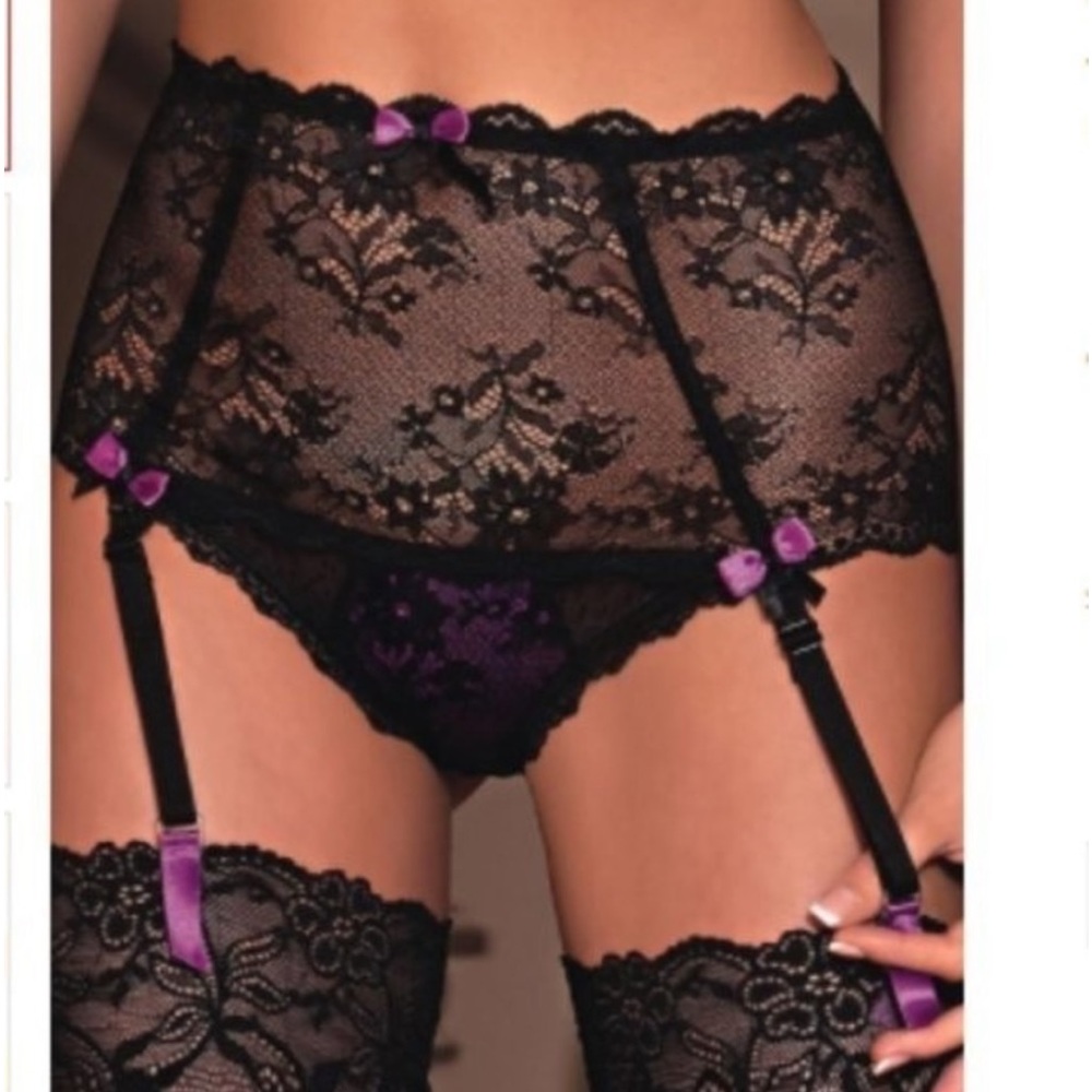 Victorian Style Black & Pink Bow Suspender Brief Garter Belt Lingerie Panties